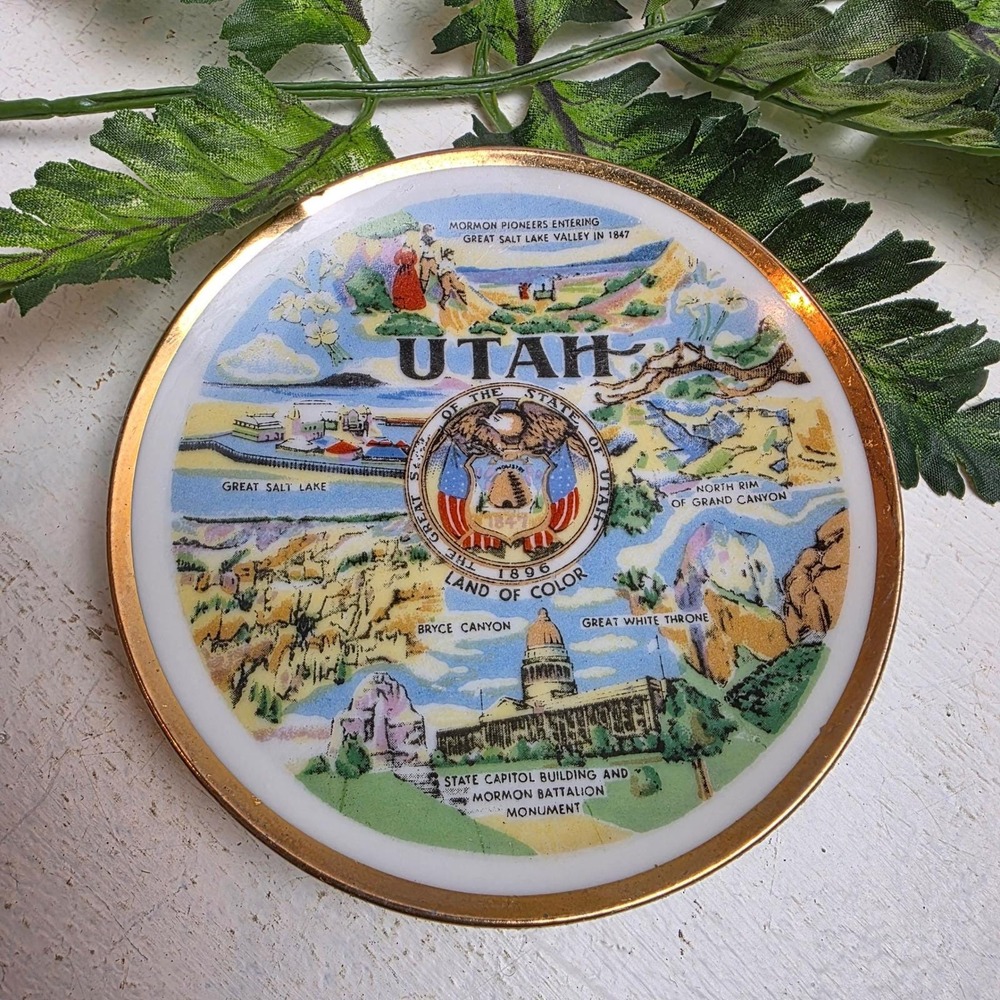 Vintage Utah Mini Souvenir Plate Mormon Pioneers Salt Lake Scenic‎ Gold Rim 4 in